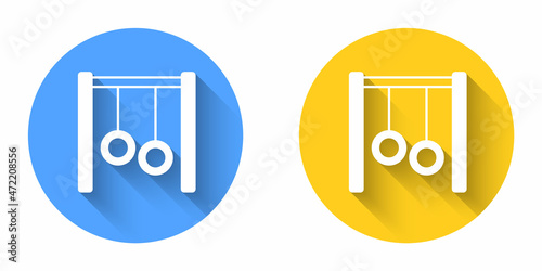 White Gymnastic rings icon isolated with long shadow background. Playground equipment with hanging rope with rings. Circle button. Vector