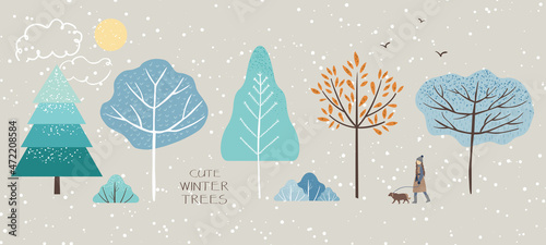 Cute single illustration of winter trees, fir trees, bushes, leaves, woman, dog, birds, sun, snow and clouds. New year, christmas objects and nature elements to create a landscape. Vector illustration