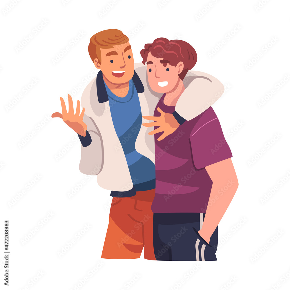 Man Character Hugging and Embracing Each Other Expressing Friendly Feeling Vector Illustration Man Character Hugging and Embracing Each Other Expressing Friendly Feeling Vector Illustration