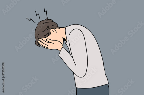 Unhappy guy cover face cry feel broken depressed suffer from mental psychological problems. Upset man stressed with life troubles. Depression and nervous disorder. Panic attack. Vector illustration.