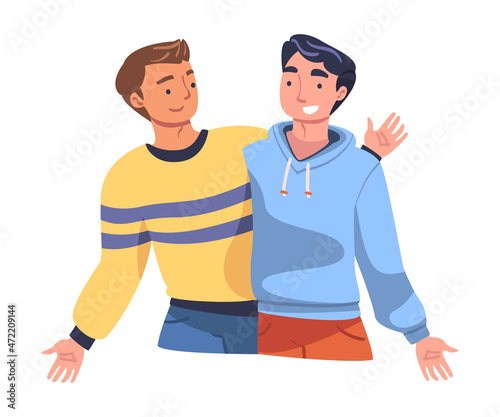 Man Character Hugging and Embracing Each Other Expressing Friendly Feeling Vector Illustration