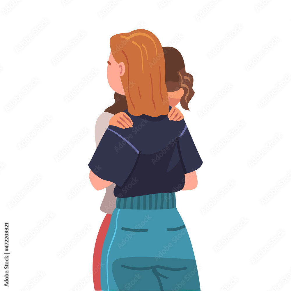 Woman Character Hugging and Embracing Each Other Expressing Friendly Feeling Vector Illustration Woman Character Hugging and Embracing Each Other Expressing Friendly Feeling Vector Illustration