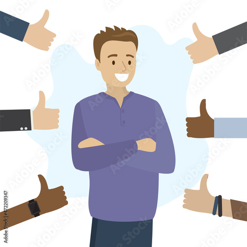 Happy smiling man surrounded by hands with fingers up. Male character received public approval. Society appreciated guy. Businessman rejoices in appreciation from colleagues.