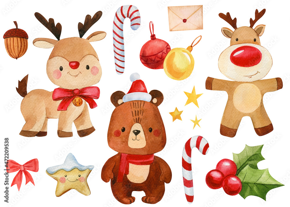 Set of cute Christmas animals, deer, bear and star on isolated white background, watercolor illustration, funny toys Set of cute Christmas animals, deer, bear and star on isolated white background, watercolor illustration, funny toys