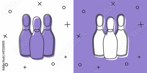 Set Bowling pin icon isolated on white and purple background. Juggling clubs, circus skittles. Vector