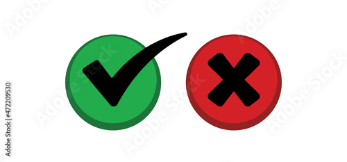 Check mark choice icons. Tick and x, confirm and deny circle icon button. Checkbox button for choose, circle answer box for checklist, approval sign.