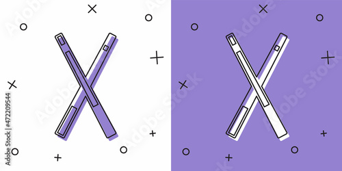 Set Crossed billiard cues icon isolated on white and purple background. Vector