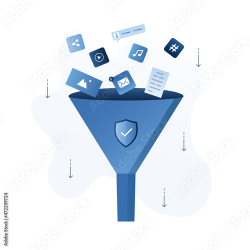 Filtering information from Internet. The software filters media content uploaded to the device. Protection system. Antivirus, security. Flat design in trendy blue colors.