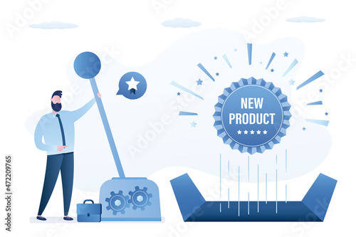 Confident businessman pulls lever, an open hatch with flying label. Presentation of new product. Show of quality new goods or service. Marketing, promotion campaign.