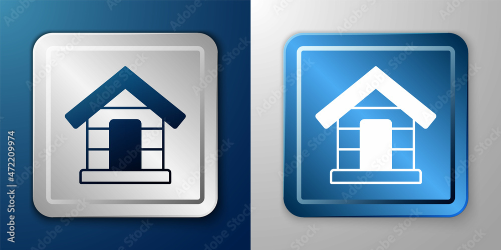 White Dog house icon isolated on blue and grey background. Dog kennel. Silver and blue square button. Vector White Dog house icon isolated on blue and grey background. Dog kennel. Silver and blue square button. Vector