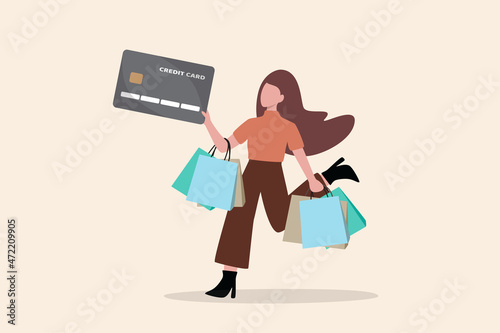 Consumerism, overspending or shopaholic causing credit card debt and poverty, shopping addiction spend more than your income, happy young woman holding shopping bags with credit card payment checkout.