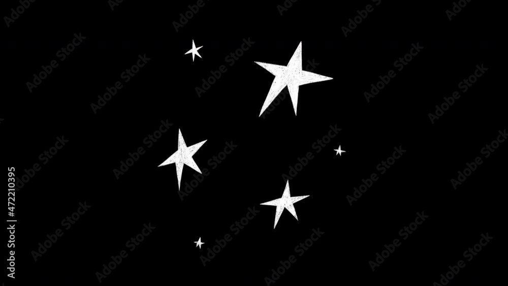 Set of hand drawn overlay animated star and sparkle shapes on transparent background. Motion graphic with sketchy pulsing, moving, dynamic and swirling starry elements, alpha channel.