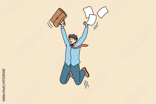 Overjoyed guy student jump with paperwork excited with high exam mark or test pass. Smiling man employee triumph get promotion news from work. Success, achievement concept. Vector illustration.