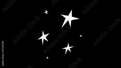 Set of hand drawn overlay animated star and sparkle shapes on transparent background. Motion graphic with sketchy pulsing, moving, dynamic and swirling starry elements, alpha channel.