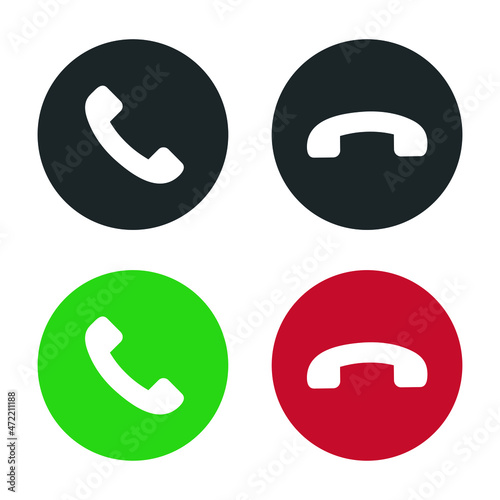 Phone call icons. Accept call and decline button. Green and red buttons with handset silhouettes. Vector illustration