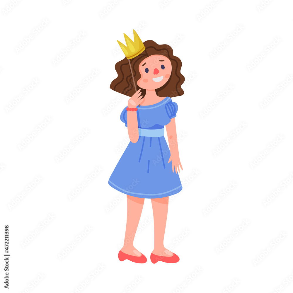 Young Woman Character Holding Crown on Pole as Party Birthday Photo Booth Prop Vector Illustration Young Woman Character Holding Crown on Pole as Party Birthday Photo Booth Prop Vector Illustration