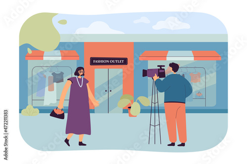 Female model posing in front of fashion outlet. Photographer taking photo of woman in dress outdoors flat vector illustration. Fashion, shopping concept for banner, website design or landing web page