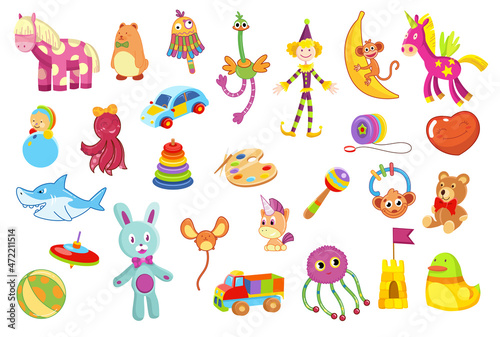 Collection of children toys. Kid development and entertainment isolated on white background. Bundle of tools for kid amusement and play. Bright colored icons
