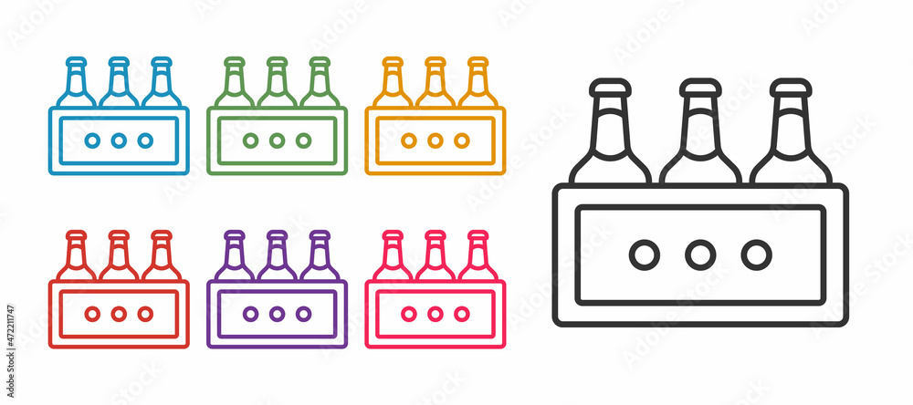 Set line Pack of beer bottles icon isolated on white background. Wooden box and beer bottles. Case crate beer box sign. Set icons colorful. Vector Set line Pack of beer bottles icon isolated on white background. Wooden box and beer bottles. Case crate beer box sign. Set icons colorful. Vector