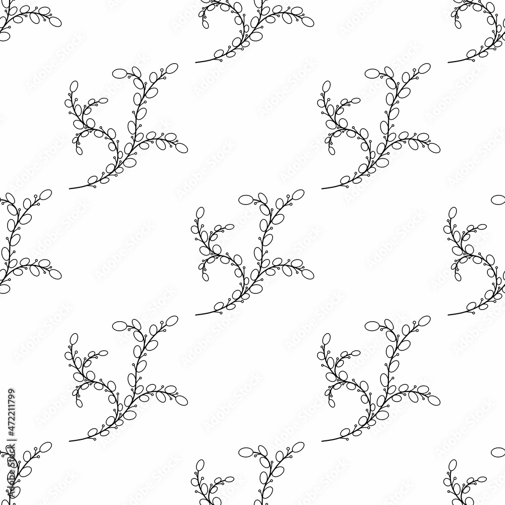 Seamless pattern black doodle branch with leaves on a white background. For textiles, packaging, design