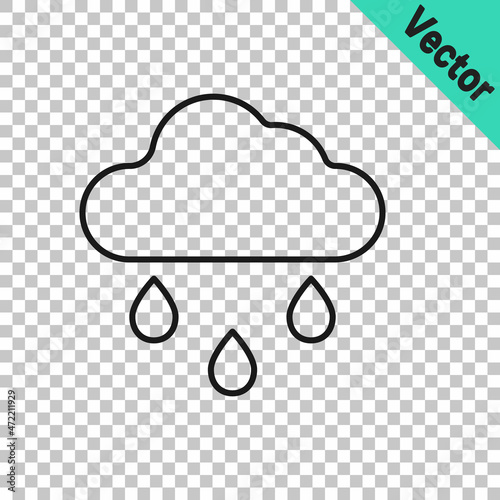 Black line Cloud with rain icon isolated on transparent background. Rain cloud precipitation with rain drops. Vector