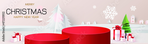 podium show christmas day paper art red background with gift box