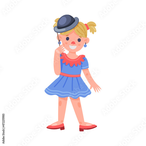 Little Girl Holding Pole with Hat as Party Birthday Photo Booth Prop Vector Illustration