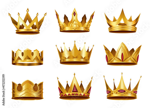 Collection of realistic golden crowns. Crowning headdress for king or queen. Royal noble aristocrat monarchy symbols. Monarch heraldic decorations
