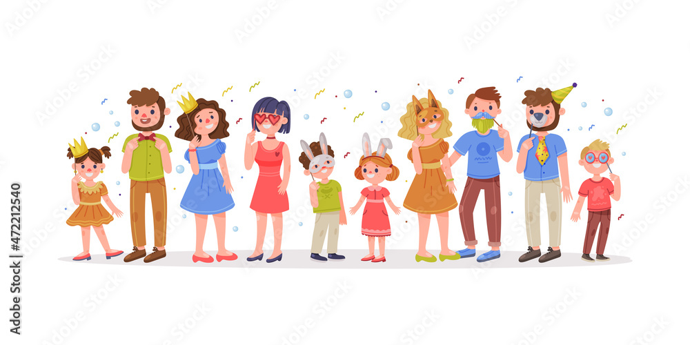 Family with Kids Wearing Party Birthday Photo Booth Props Standing and Smiling Vector Illustration