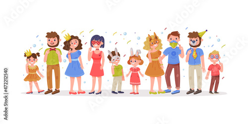 Family with Kids Wearing Party Birthday Photo Booth Props Standing and Smiling Vector Illustration