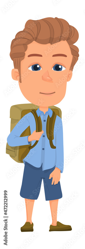 Cartoon student. Boy with backpack. School teenager