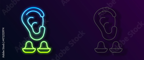 Glowing neon line Earplugs and ear icon isolated on black background. Ear plug sign. Noise symbol. Sleeping quality concept. Vector