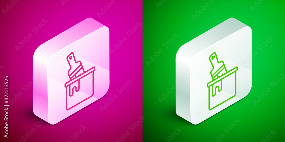 Isometric line Paint bucket with brush icon isolated on pink and green background. Silver square button. Vector