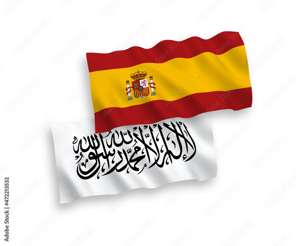 National vector fabric wave flags of Taliban and Spain isolated on white background. 1 to 2 proportion. National vector fabric wave flags of Taliban and Spain isolated on white background. 1 to 2 proportion.