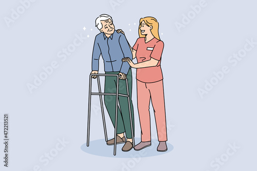 Caring nurse help disabled older man using waling frame in hospital. Attentive positive caregiver assist elderly grandfather on walker in retirement house. Rehabilitation. Vector illustrations.