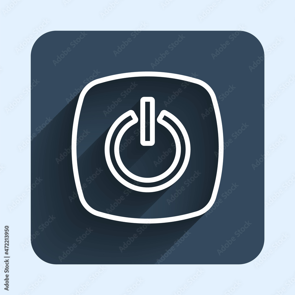 White line Power button icon isolated with long shadow background. Start sign. Blue square button. Vector White line Power button icon isolated with long shadow background. Start sign. Blue square button. Vector