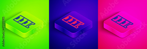 Isometric line Chest of drawers icon isolated on green, blue and pink background. Square button. Vector