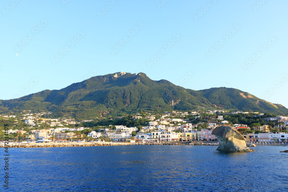 View to the Coastal landscape of Lacco Ameno from the sea, Mediterranean Sea coast, bay of Naples, Ischia island, Italy