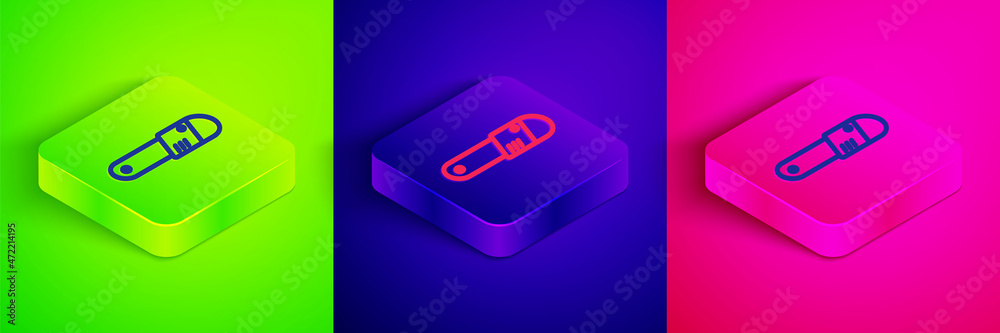 Isometric line Chainsaw icon isolated on green, blue and pink background. Square button. Vector