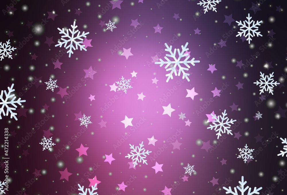 Dark Pink vector layout with bright snowflakes, stars.