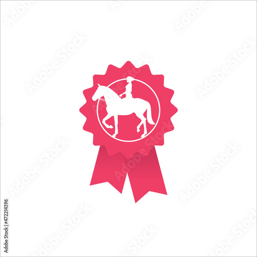 Vector badge icon of a woman riding a horse. Isolated on white background