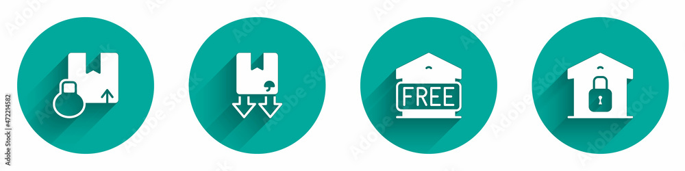 Set Carton cardboard box, Cardboard with traffic symbol, Free storage and Closed warehouse icon with long shadow. Vector Set Carton cardboard box, Cardboard with traffic symbol, Free storage and Closed warehouse icon with long shadow. Vector