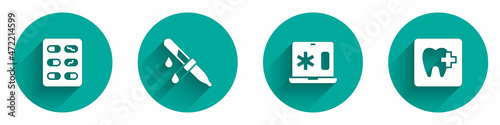 Set Pills in blister pack, Pipette, Clinical record on laptop and Dental clinic location icon with long shadow. Vector