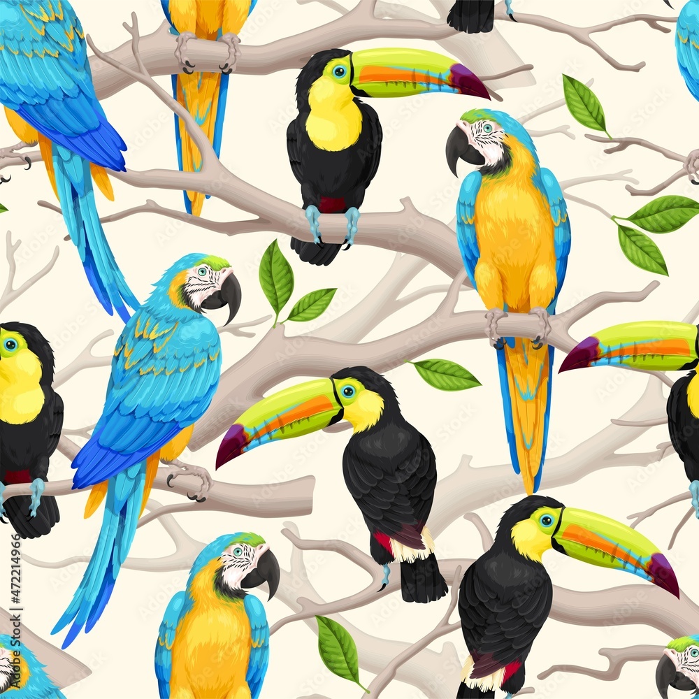 Fototapeta premium Vector seamless pattern with macaw and toucan