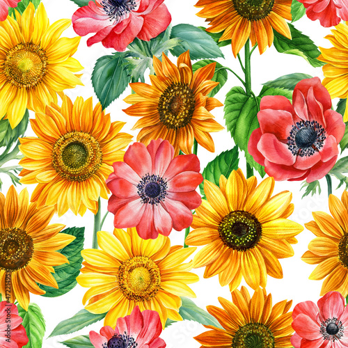 Anemones Sunflowers bouquet watercolor hand painted seamless pattern © Hanna