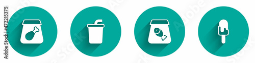 Set Online ordering meal, Paper glass with water, fish and Ice cream icon with long shadow. Vector