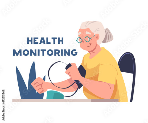 Alzheimer Prevention with Elderly Woman in Glasses Measuring Blood Pressure Health Monitoring Vector Illustration