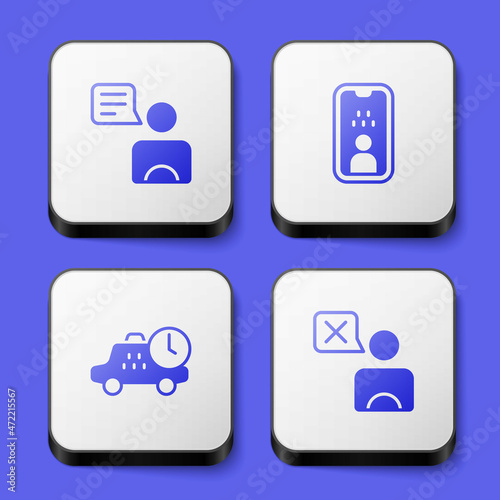 Set Taxi driver, license, waiting time and icon. White square button. Vector