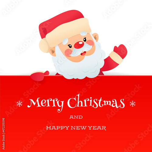 Cute Merry Christmas and Happy New Year greeting card. Winter holiday illustration of a funny Santa Claus with a big red signboard on a white background. Vector 10 EPS.