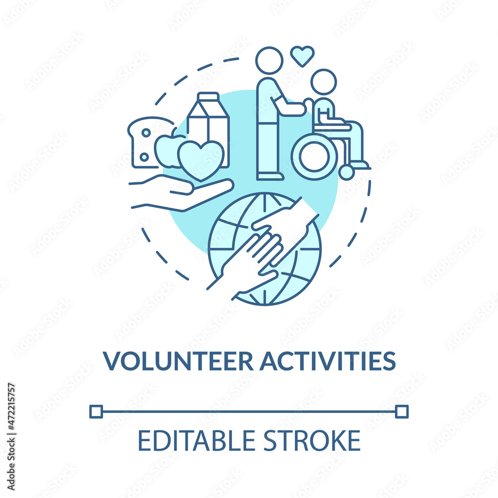 Volunteer activities blue concept icon. Charity participation in community. Support society abstract idea thin line illustration. Vector isolated outline color drawing. Editable stroke Volunteer activities blue concept icon. Charity participation in community. Support society abstract idea thin line illustration. Vector isolated outline color drawing. Editable stroke